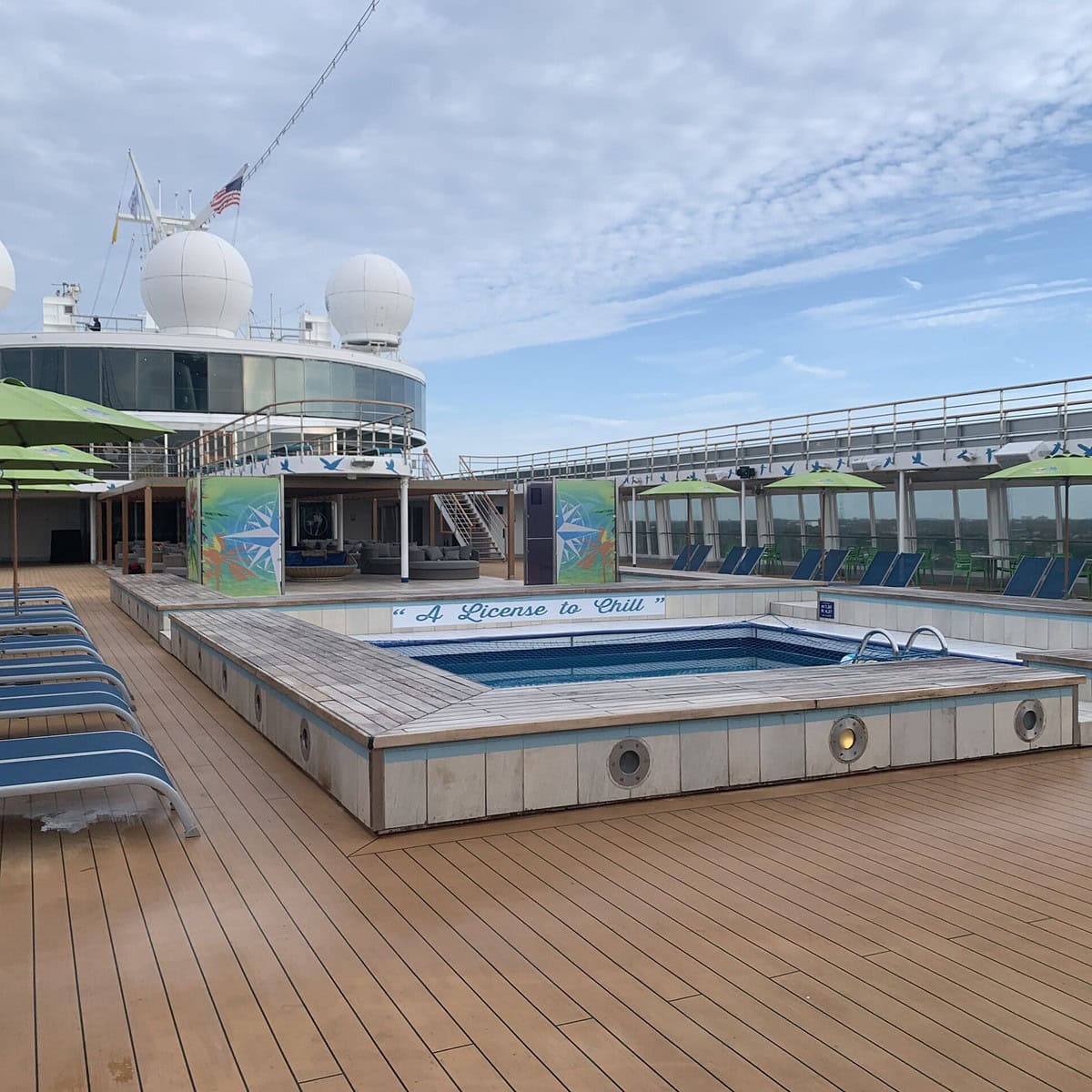 The pool deck at the Margaritaville At Sea cruise