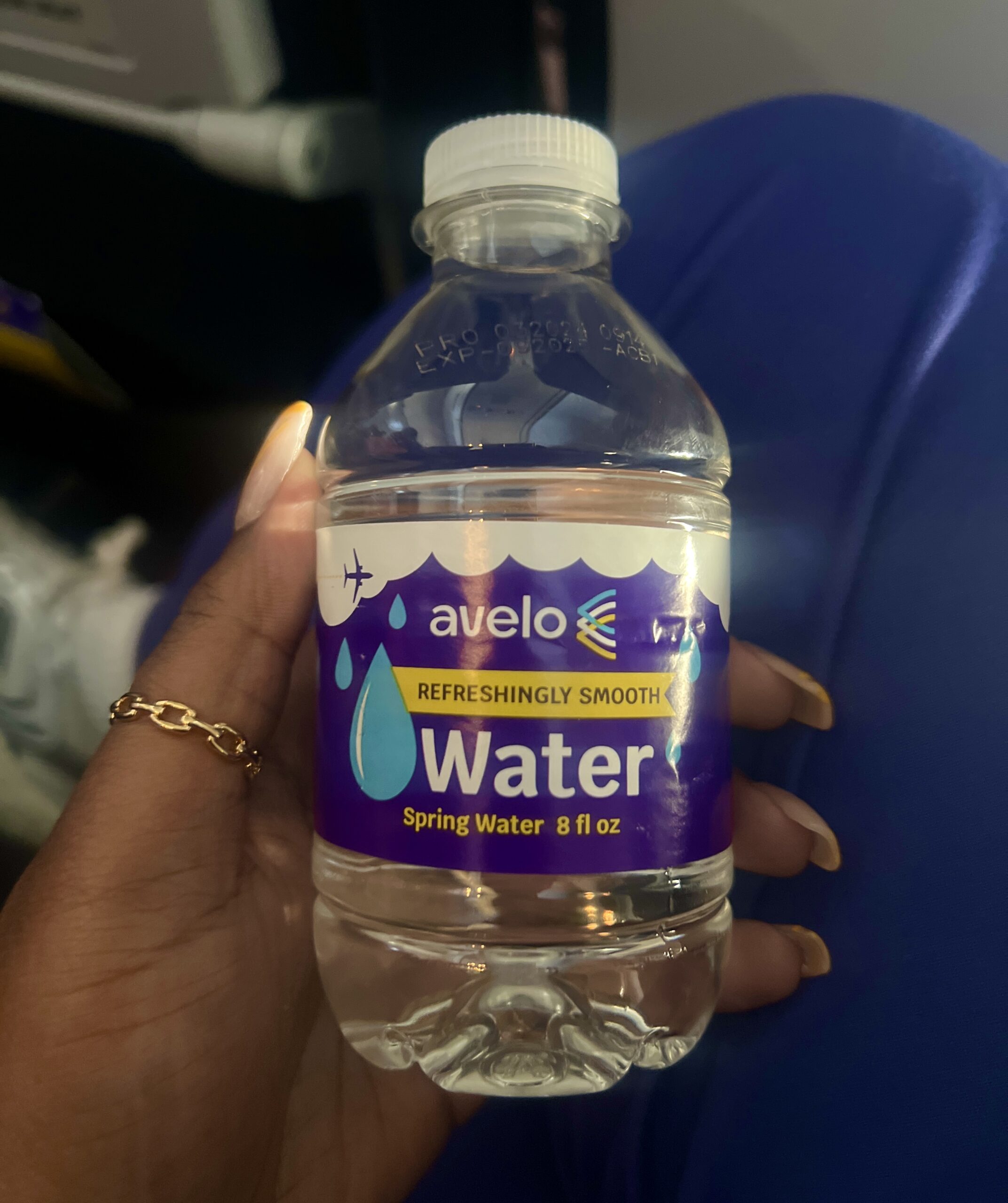 A bottle of water with Avelo Airlines branding 