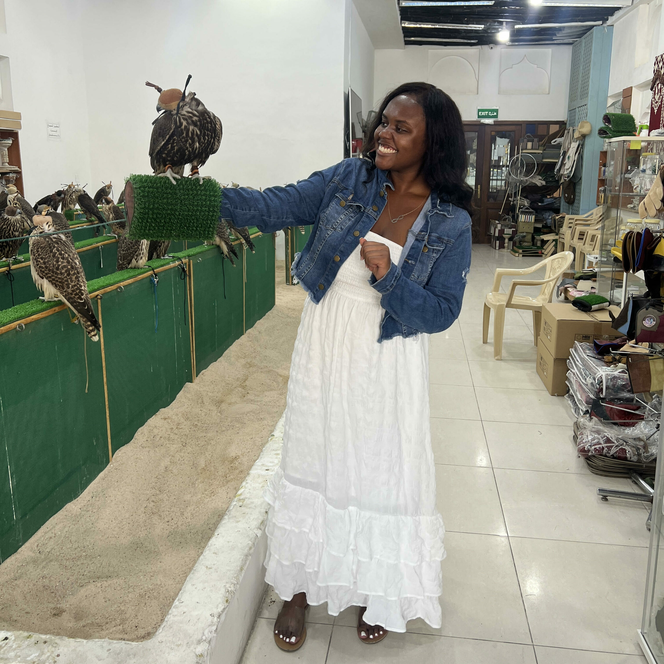 Christina Jane holding a falcon at the Falcon Souq 