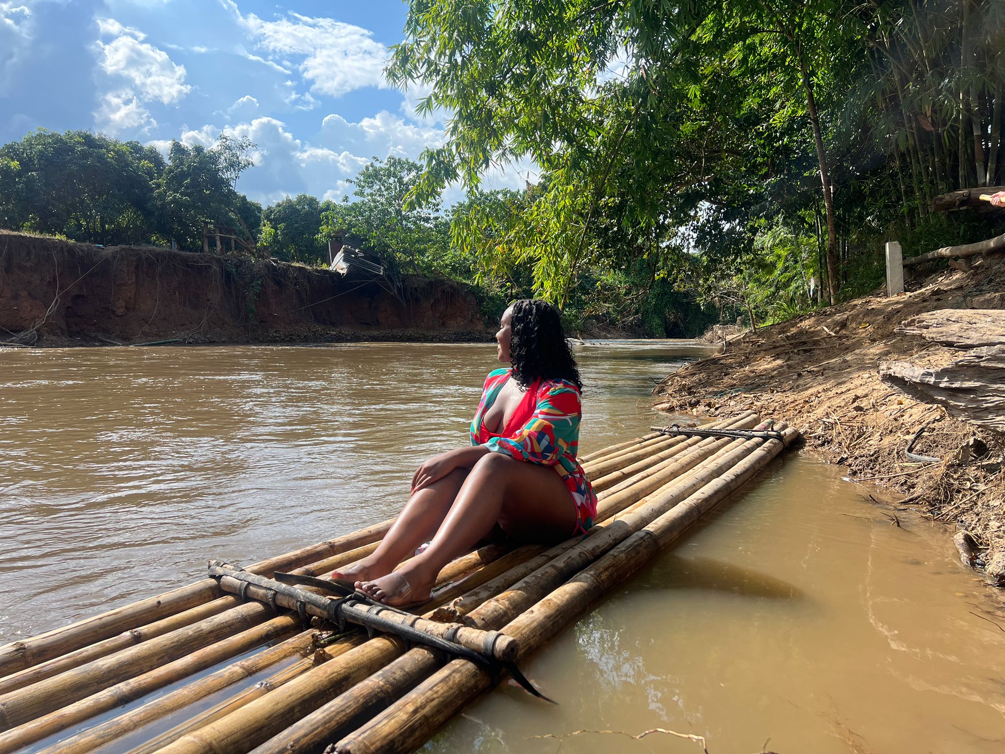 Christina Jane on a bamboo raft 